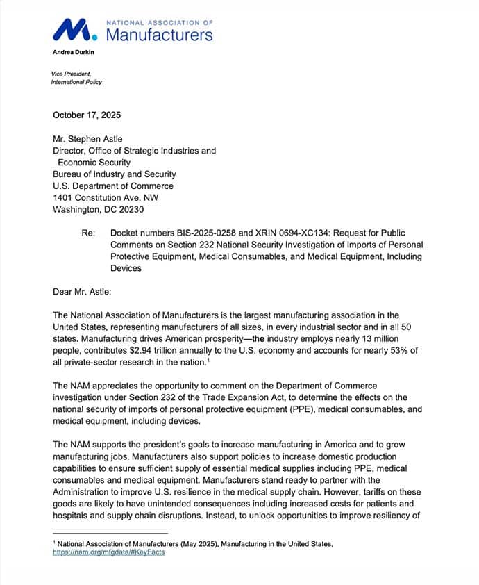 Section 232 Medical Technologies Submission Final October 17 2025