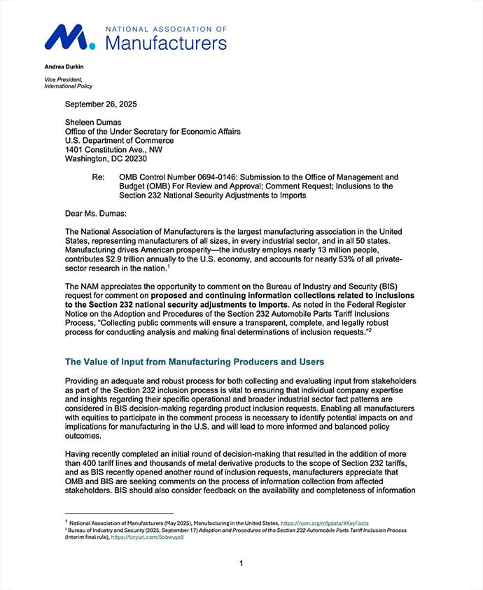 NAM Section 232 Metal Inclusion Information Collection Process Submission  September 26 2025