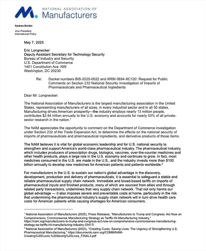 Comments on Section 232 National Security Investigation of Imports of Pharmaceuticals